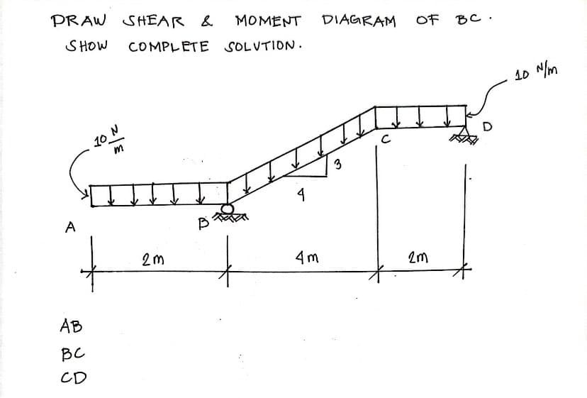 PRAW SHEAR &
SHOW COMPLETE
A
AB
вс
CD
10
m
□
↓↓
2m
MOMENT
SOLUTION.
4
4m
DIAGRAM OF BC.
II
3
с
2m
D
10 N/m