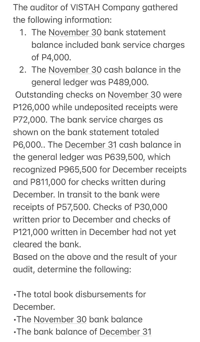 The auditor of VISTAH Company gathered
the following information:
1. The November 30 bank statement
balance included bank service charges
of P4,000.
2. The November 30 cash balance in the
general ledger was P489,000.
Outstanding checks on November 30 were
P126,000 while undeposited receipts were
P72,000. The bank service charges as
shown on the bank statement totaled
P6,000.. The December 31 cash balance in
the general ledger was P639,500, which
recognized P965,500 for December receipts
and P811,000 for checks written during
December. In transit to the bank were
receipts of P57,500. Checks of P30,000
written prior to December and checks of
P121,000 written in December had not yet
cleared the bank.
Based on the above and the result of your
audit, determine the following:
•The total book disbursements for
December.
•The November 30 bank balance
•The bank balance of December 31