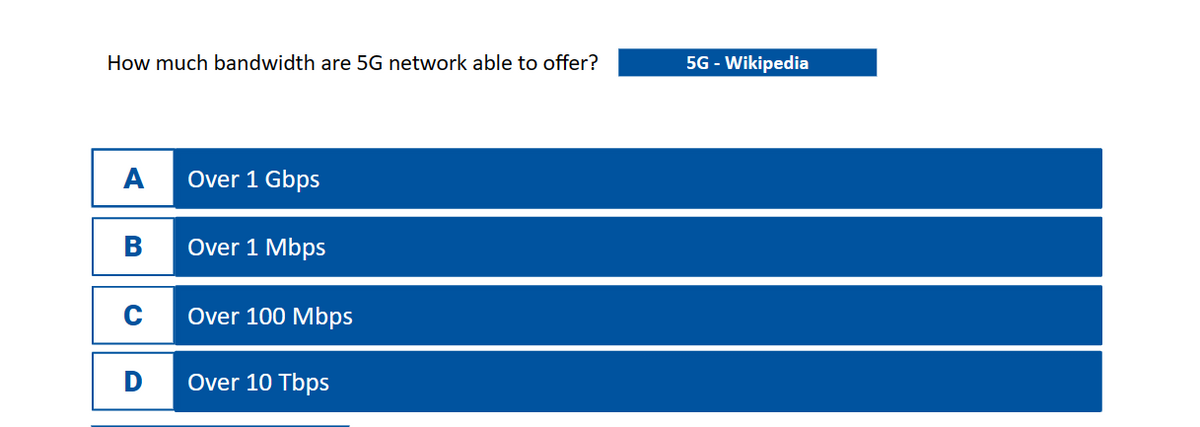 How much bandwidth are 5G network able to offer?
A
B
C
D
Over 1 Gbps
Over 1 Mbps
Over 100 Mbps
Over 10 Tbps
5G - Wikipedia