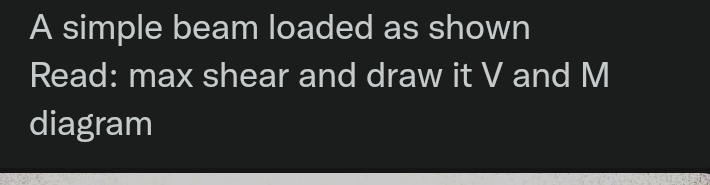 A simple beam loaded as shown
Read: max shear and draw it V and M
diagram