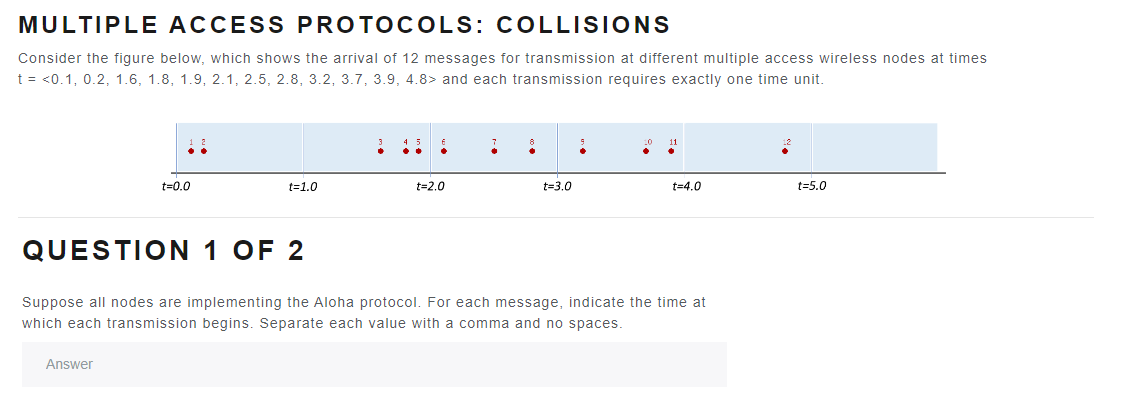 MULTIPLE ACCESS PROTOCOLS: COLLISIONS
Consider the figure below, which shows the arrival of 12 messages for transmission at different multiple access wireless nodes at times
t = <0.1, 0.2, 1.6, 1.8, 1.9, 2.1, 2.5, 2.8, 3.2, 3.7, 3.9, 4.8> and each transmission requires exactly one time unit.
t=0.0
Answer
t=1.0
3
NA
€
t=2.0
.
t=3.0
2
t=4.0
QUESTION 1 OF 2
Suppose all nodes are implementing the Aloha protocol. For each message, indicate the time at
which each transmission begins. Separate each value with a comma and no spaces.
12
t=5.0