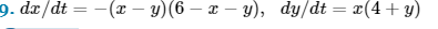 9. dx/dt =
=
-(x - y) (6 - x - y), dy/dt = x(4+ y)