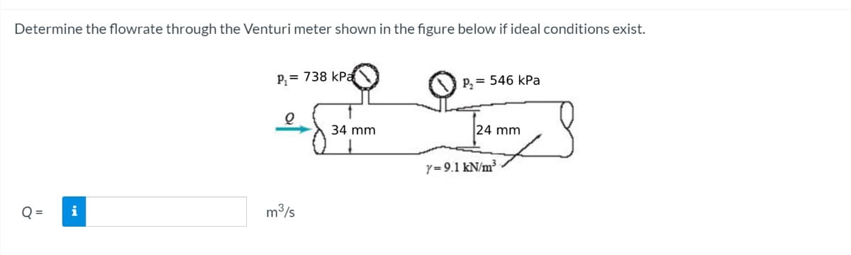 Determine the flowrate through the Venturi meter shown in the figure below if ideal conditions exist.
P, = 738 kPa
P, = 546 kPa
34 mm
24 mm
y= 9.1 kN/m³
Q =
m3/s
