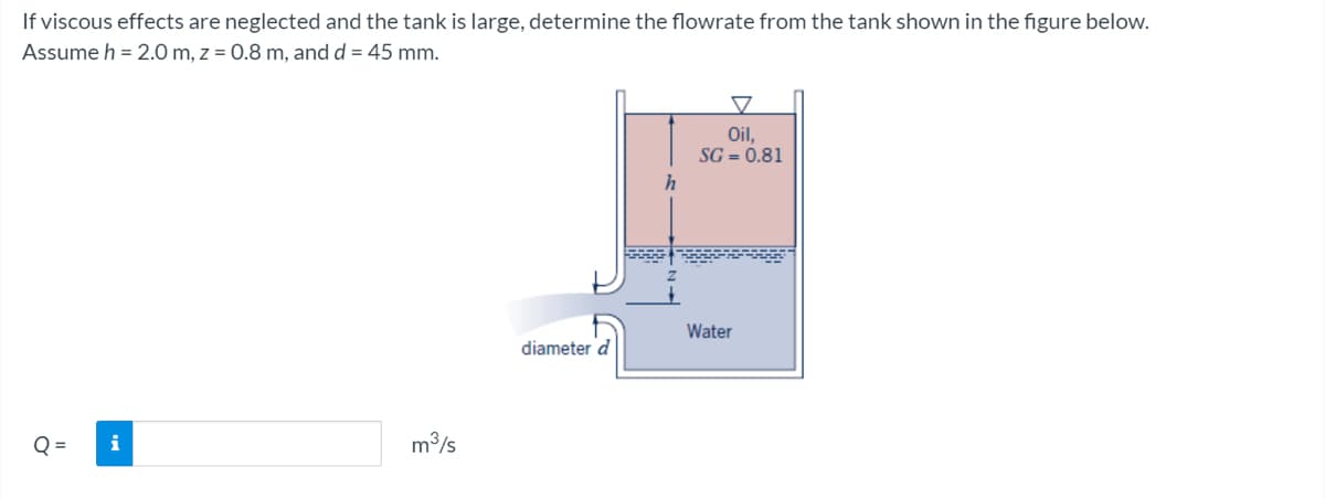 If viscous effects are neglected and the tank is large, determine the flowrate from the tank shown in the figure below.
Assume h = 2.0 m, z = 0.8 m, and d = 45 mm.
Oil,
SG = 0.81
Water
diameter d
Q =
i
m3/s
