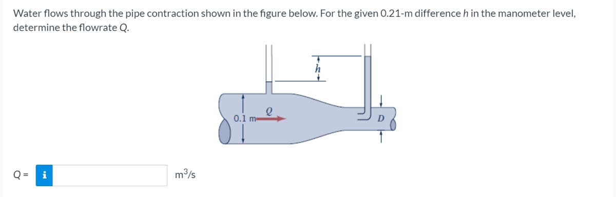 Water flows through the pipe contraction shown in the figure below. For the given 0.21-m difference h in the manometer level,
determine the flowrate Q.
0.1 m-
D
Q =
i
m3/s
