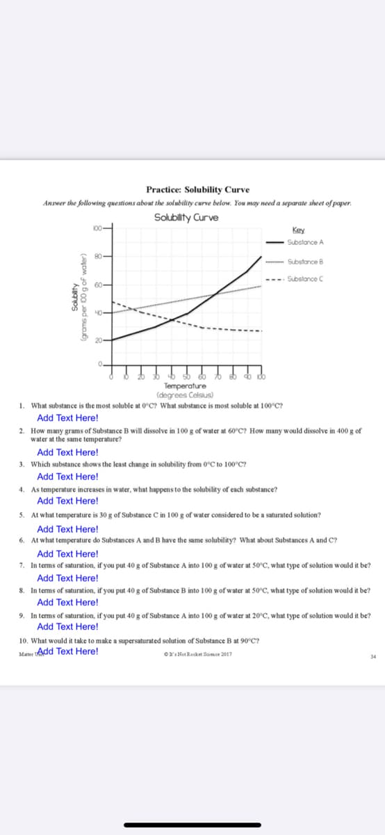 Practice: Solubility Curve
Answer the following questions about the solubility curve below. You may need a separate sheet of paper.
Solubility Curve
100-
Key
Substance A
* Substance B
---- Substance C
60-
Temperature
(degrees Celsius)
1. What substance is the most soluble at 0°C? What substance is most soluble at 100°C?
Add Text Here!
2. How many grams of Substance B will dissolve in 100 g of water at 60°C? How many would dissolve in 400 g of
water at the same temperature?
Add Text Here!
3. Which substance shows the least change in solubility from 0°C to 100°C?
Add Text Here!
4. As temperature increases in water, what happens to the solubility of each substance?
Add Text Here!
5. At what temperature is 30 g of Substance C in 100 g of water considered to be a saturated solution?
Add Text Here!
6. At what temperature do Substances A and B have the same solubility? What about Substances A and C?
Add Text Here!
7. In terms of saturation, if you put 40 g of Substance A into 100 g of water at 50°C, what type of solution would it be?
Add Text Here!
8. In terms of saturation, if you put 40 g of Substance B into 100 g of water at 50°C, what type of solution would it be?
Add Text Here!
9. In terms of saturation, if you put 40 g of Substance A into 100 g of water at 20°C, what type of solution would it be?
Add Text Here!
10. What would it take to make a supersaturated solution of Substance B at 90°C?
Meer Add Text Here!
Or Not Recket Scimce 2017
34
