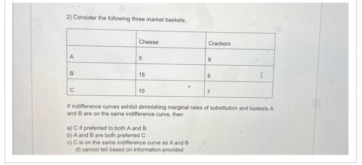 2) Consider the following three market baskets.
A
B
C
Cheese
5
15
10
Crackers
a) C if preferred to both A and B
b) A and B are both preferred C
c) C is on the same indifference curve as A and B
d) cannot tell based on information provided
8
6
7
I
If indifference curves exhibit diminishing marginal rates of substitution and baskets A
and B are on the same indifference curve, then
B