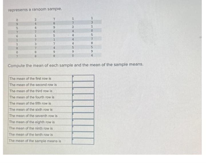 represents a random sample.
0
5
6
1
1
8
0
7
2
4
4
7
1
7
3
7
8
8
7896
5
1
7
4
9
8
7
2
The mean of the first row is
The mean of the second row is
The mean of the third row is
The mean of the fourth row is
The mean of the fifth row is
The mean of the sixth row is
The mean of the seventh row is
The mean of the eighth row is
The mean of the ninth row is
The mean of the tenth row is
The mean of the sample means is
4
4
4
4
5
9
0
1
3
1
0
5
7
8
5
9
4
Compute the mean of each sample and the mean of the sample means.