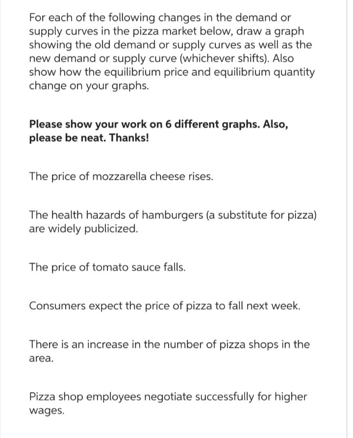 For each of the following changes in the demand or
supply curves in the pizza market below, draw a graph
showing the old demand or supply curves as well as the
new demand or supply curve (whichever shifts). Also
show how the equilibrium price and equilibrium quantity
change on your graphs.
Please show your work on 6 different graphs. Also,
please be neat. Thanks!
The price of mozzarella cheese rises.
The health hazards of hamburgers (a substitute for pizza)
are widely publicized.
The price of tomato sauce falls.
Consumers expect the price of pizza to fall next week.
There is an increase in the number of pizza shops in the
area.
Pizza shop employees negotiate successfully for higher
wages.