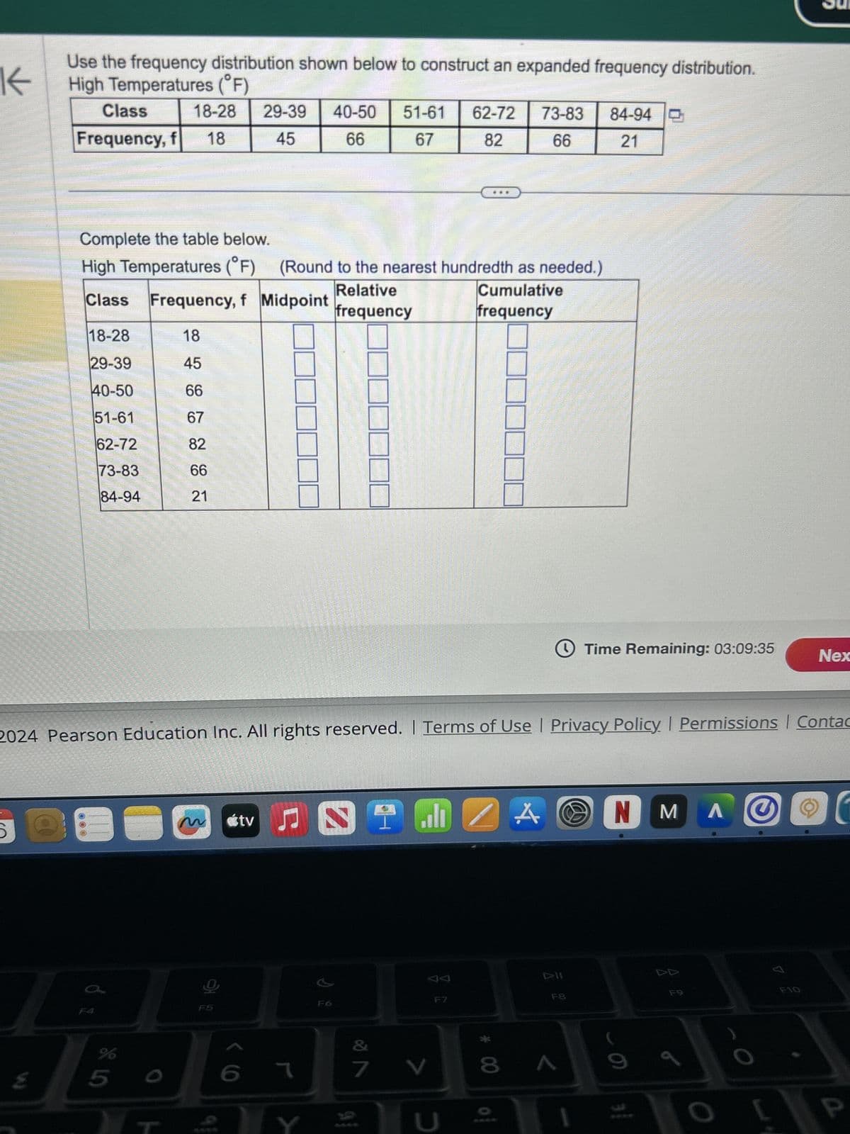 K
Use the frequency distribution shown below to construct an expanded frequency distribution.
High Temperatures (°F)
Class
Frequency, f 18
18-28 29-39 40-50 51-61 62-72 73-83
84-94
45
66
67
82
66
21
Complete the table below.
High Temperatures (°F) (Round to the nearest hundredth as needed.)
Class
Frequency, f Midpoint
Relative
frequency
18-28
18
29-39
45
40-50
66
51-61
67
62-72
82
73-83
66
84-94
21
Cumulative
frequency
จน
①Time Remaining: 03:09:35
Nex
2024 Pearson Education Inc. All rights reserved. | Terms of Use | Privacy Policy | Permissions | Contac
6)
F4
%
5
útv
5
66
7
91
&
7 V
U
AN
M
Λ
S
DII
F7
F8
8
이
44
F9
F10
P