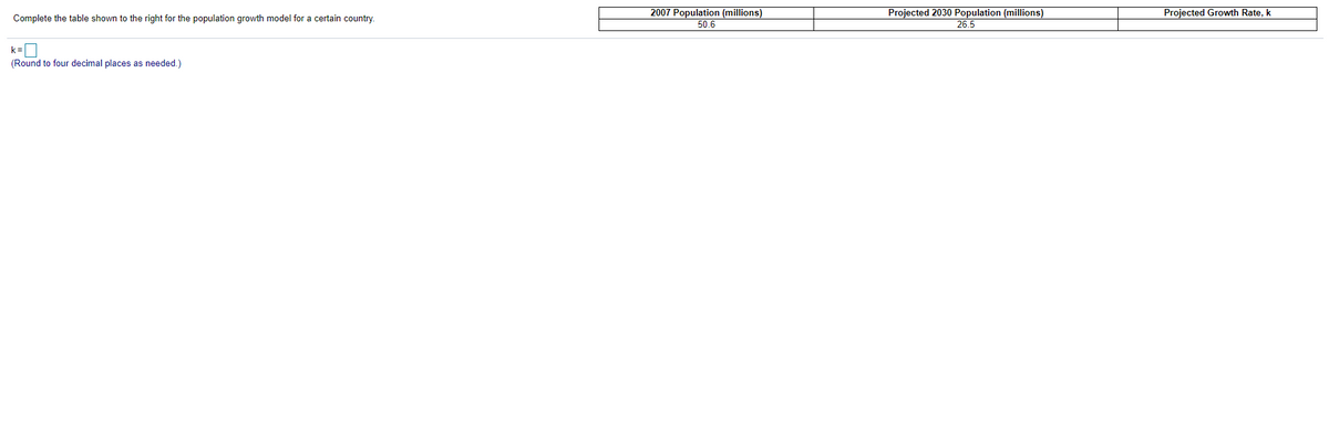 2007 Population (millions)
Projected 2030 Population (millions)
26.5
Projected Growth Rate, k
Complete the table shown to the right for the population growth model for a certain country.
50.6
k=D
(Round to four decimal places as needed.)
