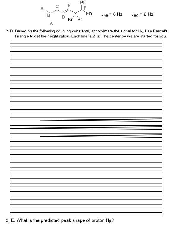 Ph
F
E
A.
B
Ph
JAB = 6 Hz
JBC = 6 Hz
Br Br
A
2. D. Based on the following coupling constants, approximate the signal for HR. Use Pascal's
Triangle to get the height ratios. Each line is 2Hz. The center peaks are started for you.
2. E. What is the predicted peak shape of proton Hg?
