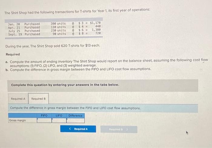 The Shirt Shop had the following transactions for T-shirts for Year 1, its first year of operations:
440
Purchased.
Purchased
Purchased
Purchased
390 units e $3= $1,170
110 units.
@ $4=
@$6-
$8=
1,380
230 units
90 units
@
720
Jan. 20
Apr. 21
July 25
Sept. 19
During the year, The Shirt Shop sold 620 T-shirts for $13 each.
Required
a. Compute the amount of ending inventory The Shirt Shop would report on the balance sheet, assuming the following cost flow
assumptions: (1) FIFO, (2) LIFO, and (3) weighted average.
b. Compute the difference in gross margin between the FIFO and LIFO cost flow assumptions.
Complete this question by entering your answers in the tabs below.
Required A
Required B
Compute the difference in gross margin between the FIFO and LIFO cost flow assumptions.
FIFO
LIFO
Difference
Gross margin
< Required A
Required >