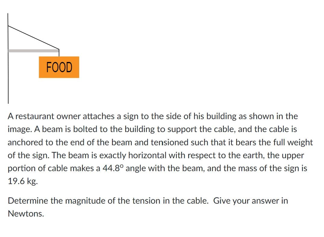 FOOD
A restaurant owner attaches a sign to the side of his building as shown in the
image. A beam is bolted to the building to support the cable, and the cable is
anchored to the end of the beam and tensioned such that it bears the full weight
of the sign. The beam is exactly horizontal with respect to the earth, the upper
portion of cable makes a 44.8° angle with the beam, and the mass of the sign is
19.6 kg.
Determine the magnitude of the tension in the cable. Give your answer in
Newtons.