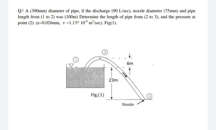 QI/ A (300mm) diameter of pipe, if the discharge (90 L/sec), nozzle diameter (75mm) and pipe
length from (1 to 2) was (100m) Determine the length of pipe from (2 to 3), and the pressure at
point (2). (e=0.026mm, v =1.13* 10“ m²/sec). Fig(1).
6m
23m
Fig.(1)
Nozzle
