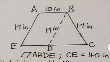 A l0 in B
Min
17in
E
O ABDE ; CE = 40 in
