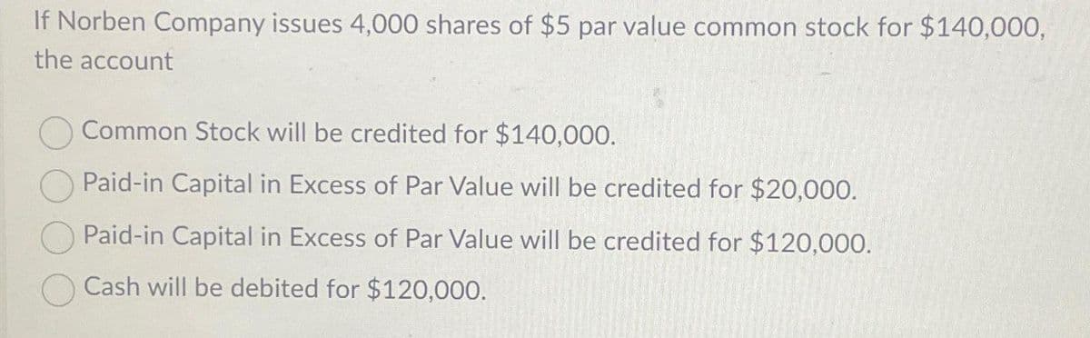 If Norben Company issues 4,000 shares of $5 par value common stock for $140,000,
the account
Common Stock will be credited for $140,000.
Paid-in Capital in Excess of Par Value will be credited for $20,000.
Paid-in Capital in Excess of Par Value will be credited for $120,000.
Cash will be debited for $120,000.