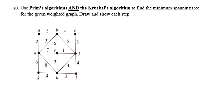 20. Use Prim's algorithms AND the Kruskal's algorithm to find the minimum spanning tree
for the given weighted graph. Draw and show each step.
5 b 4
a
3
5
3
7
e
d
f
8
4
h 2
3.
2.
