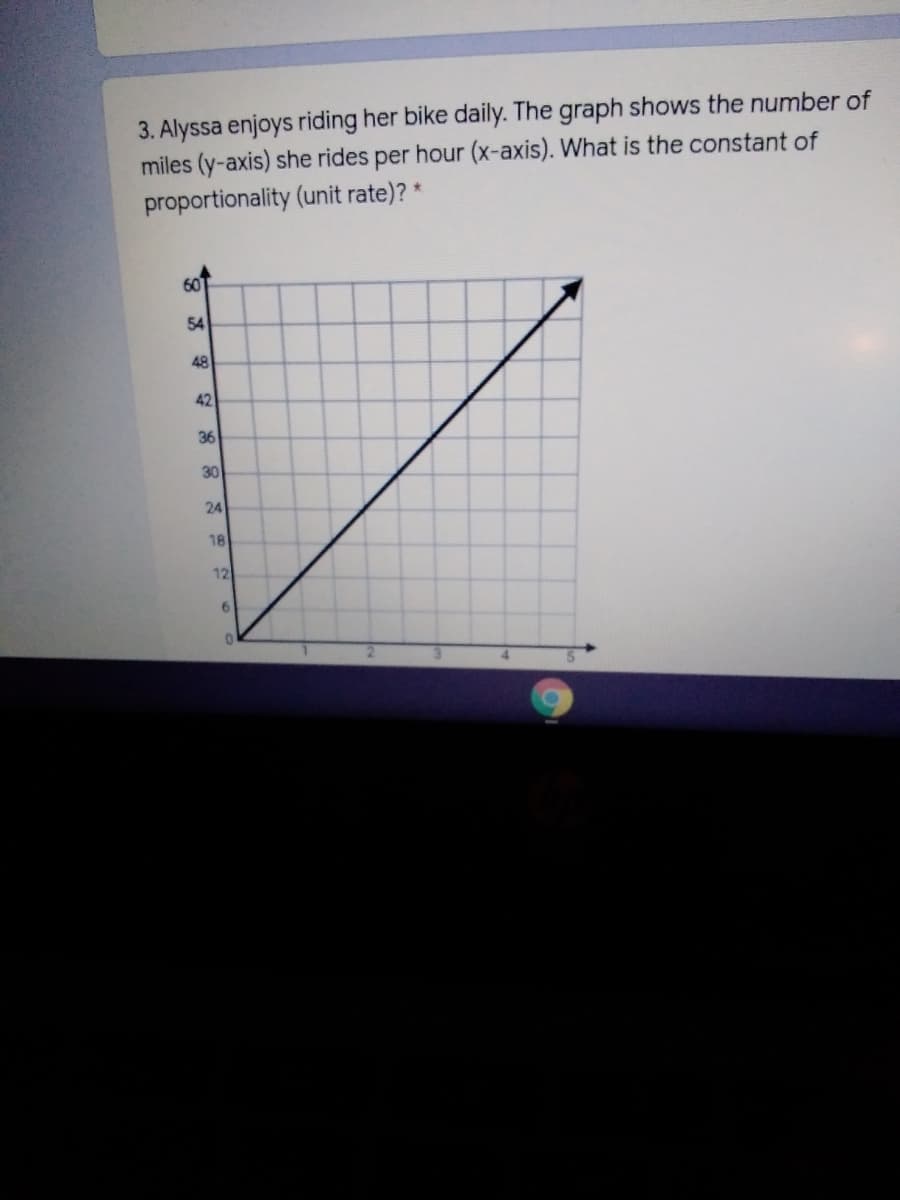 3. Alyssa enjoys riding her bike daily. The graph shows the number of
miles (y-axis) she rides per hour (x-axis). What is the constant of
proportionality (unit rate)? *
60
54
48
42
36
30
24
18
12
