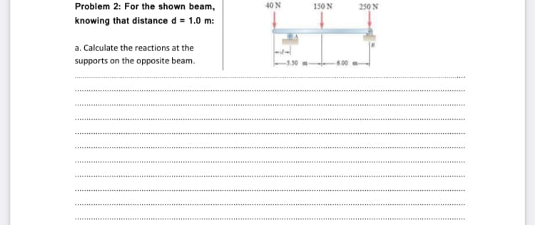 Problem 2: For the shown beam,
40 N
150 N
250 N
knowing that distance d = 1.0 m:
a. Calculate the reactions at the
supports on the opposite beam.
......
