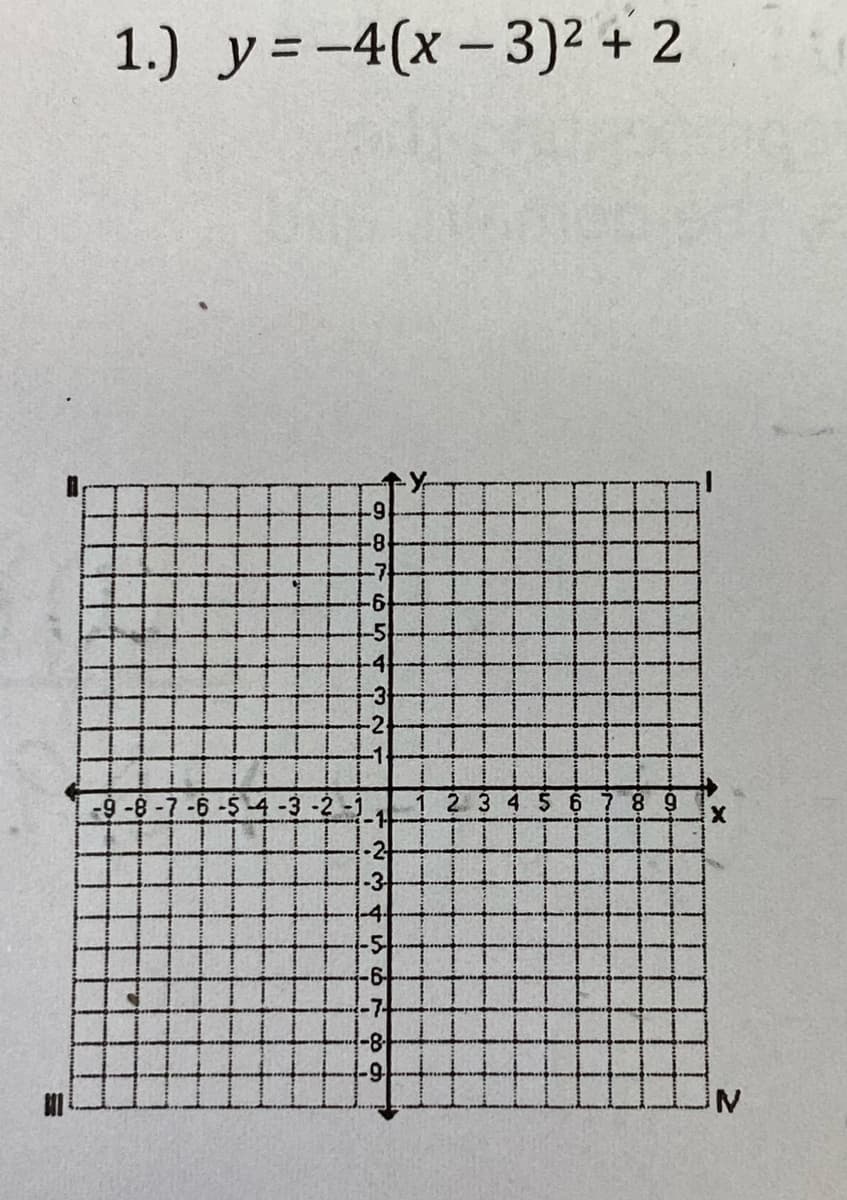 1.) y =-4(x - 3)² + 2
|
6-
-7
-6
-5
-4
-2
-1
-9-8-7-6
23 4 5 6789
-2
-3
-4
5
-7-
-8-
