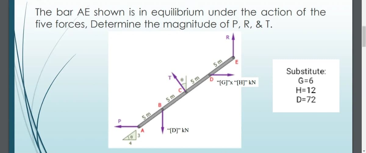 The bar AE shown is in equilibrium under the action of the
five forces, Determine the magnitude of P, R, & T.
5m
5 m
"[G]"x “[H]" kN
Substitute:
5 m C
G=6
H=12
5 m
D=72
"[D]" kN
