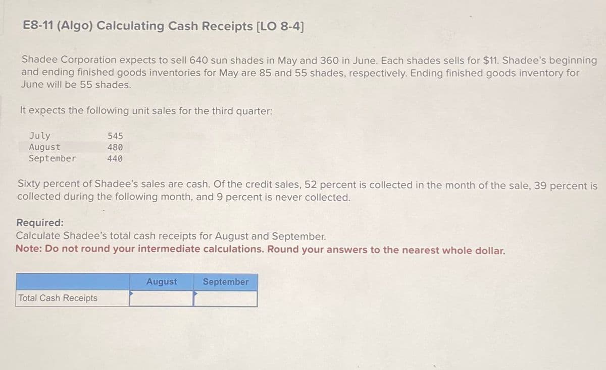 E8-11 (Algo) Calculating Cash Receipts [LO 8-4]
Shadee Corporation expects to sell 640 sun shades in May and 360 in June. Each shades sells for $11. Shadee's beginning
and ending finished goods inventories for May are 85 and 55 shades, respectively. Ending finished goods inventory for
June will be 55 shades.
It expects the following unit sales for the third quarter:
July
August
September
545
480
440
Sixty percent of Shadee's sales are cash. Of the credit sales, 52 percent is collected in the month of the sale, 39 percent is
collected during the following month, and 9 percent is never collected.
Required:
Calculate Shadee's total cash receipts for August and September.
Note: Do not round your intermediate calculations. Round your answers to the nearest whole dollar.
August
September
Total Cash Receipts