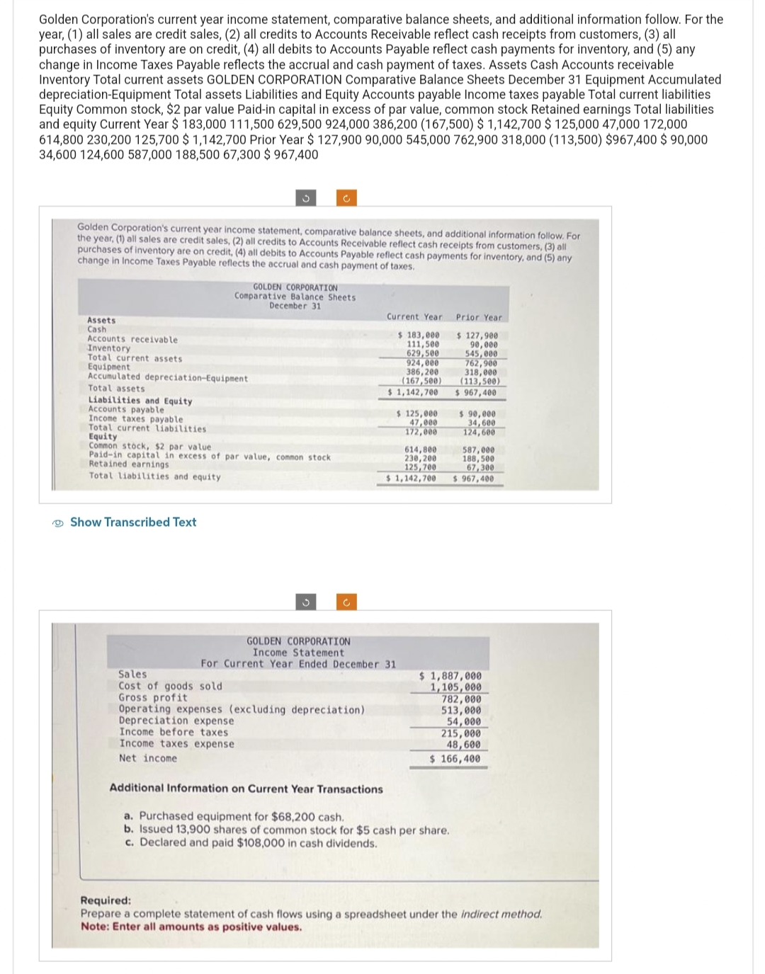 Golden Corporation's current year income statement, comparative balance sheets, and additional information follow. For the
year, (1) all sales are credit sales, (2) all credits to Accounts Receivable reflect cash receipts from customers, (3) all
purchases of inventory are on credit, (4) all debits to Accounts Payable reflect cash payments for inventory, and (5) any
change in Income Taxes Payable reflects the accrual and cash payment of taxes. Assets Cash Accounts receivable
Inventory Total current assets GOLDEN CORPORATION Comparative Balance Sheets December 31 Equipment Accumulated
depreciation-Equipment Total assets Liabilities and Equity Accounts payable Income taxes payable Total current liabilities
Equity Common stock, $2 par value Paid-in capital in excess of par value, common stock Retained earnings Total liabilities
and equity Current Year $ 183,000 111,500 629,500 924,000 386,200 (167,500) $ 1,142,700 $ 125,000 47,000 172,000
614,800 230,200 125,700 $ 1,142,700 Prior Year $ 127,900 90,000 545,000 762,900 318,000 (113,500) $967,400 $ 90,000
34,600 124,600 587,000 188,500 67,300 $ 967,400
Golden Corporation's current year income statement, comparative balance sheets, and additional information follow. For
the year, (1) all sales are credit sales, (2) all credits to Accounts Receivable reflect cash receipts from customers, (3) all
purchases of inventory are on credit, (4) all debits to Accounts Payable reflect cash payments for inventory, and (5) any
change in Income Taxes Payable reflects the accrual and cash payment of taxes.
Assets
Cash
Accounts receivable.
Inventory
Total current assets
Equipment
Accumulated depreciation-Equipment
Total assets
Liabilities and Equity
Accounts payable
Income taxes payable
Total current liabilities.
GOLDEN CORPORATION
Comparative Balance Sheets
December 31
Equity
Common stock, $2 par value
Paid-in capital in excess of par value, common stock
Retained earnings
Total liabilities and equity
Show Transcribed Text
Sales
Cost of goods sold.
Gross profit
c
Current Year
$ 183,000
111,500
629,500
924,000
386,200
(167,500)
$1,142,700
GOLDEN CORPORATION
Income Statement
For Current Year Ended December 31
Operating expenses (excluding depreciation).
Depreciation expense
Income before taxes
Income taxes expense
Net income
$ 125,000
47,000
172,000
614,800
230, 200
125,700
$1,142,700
Prior Year
$ 127,900
90,000
545,000
Additional Information on Current Year Transactions
a. Purchased equipment for $68,200 cash.
b. Issued 13,900 shares of common stock for $5 cash per share.
c. Declared and paid $108,000 in cash dividends.
762,900
318,000
(113,500)
$ 967,400
$ 90,000
34,600
124,600
587,000
188,500
67,300
$ 967,400
$ 1,887,000
1,105,000
782,000
513,000
54,000
215,000
48,600
$ 166,400
Required:
Prepare a complete statement of cash flows using a spreadsheet under the indirect method.
Note: Enter all amounts as positive values.