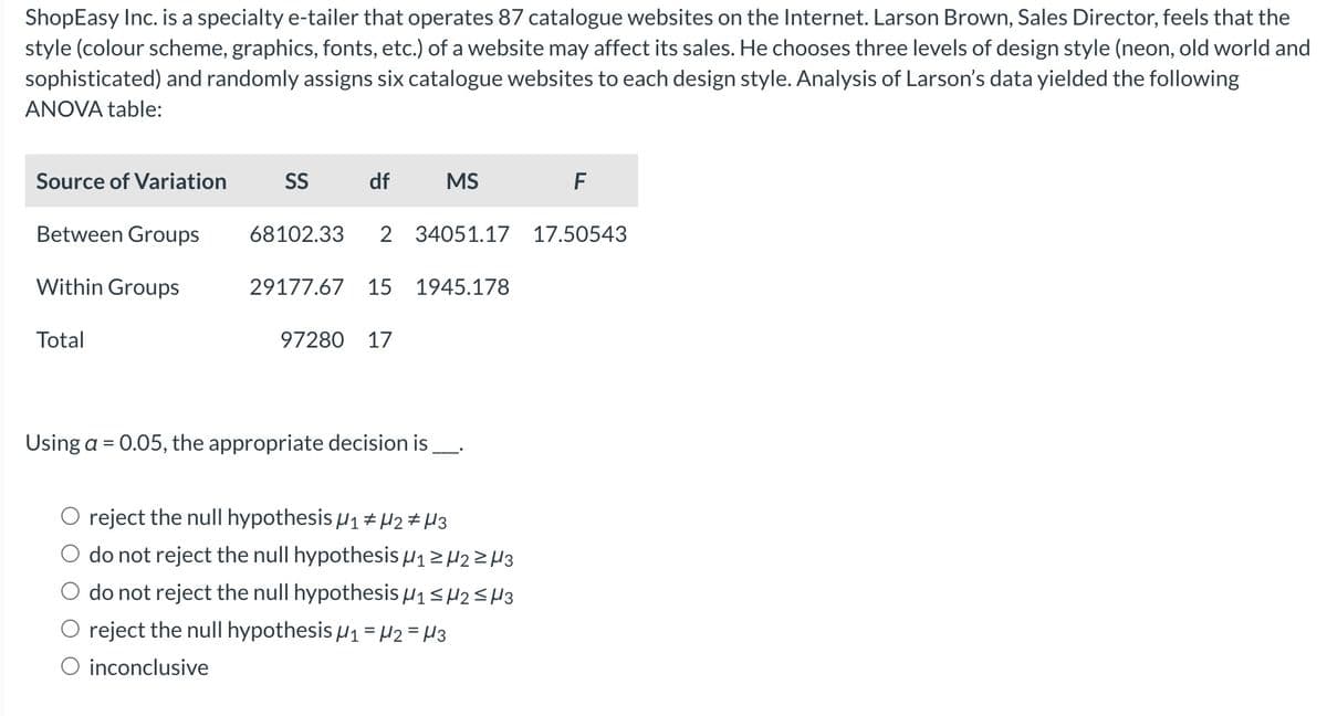 ShopEasy Inc. is a specialty e-tailer that operates 87 catalogue websites on the Internet. Larson Brown, Sales Director, feels that the
style (colour scheme, graphics, fonts, etc.) of a website may affect its sales. He chooses three levels of design style (neon, old world and
sophisticated) and randomly assigns six catalogue websites to each design style. Analysis of Larson's data yielded the following
ANOVA table:
Source of Variation
Between Groups
Within Groups
Total
SS
df
MS
68102.33 2 34051.17 17.50543
29177.67 15 1945.178
97280 17
Using a = 0.05, the appropriate decision is _____.
F
reject the null hypothesis µ₁ μ2 # μ3
do not reject the null hypothesis μ₁ ≥ 2 ≥H3
do not reject the null hypothesis ₁ ≤ N2 ≤H3
reject the null hypothesis M₁ = M2=H3
O inconclusive