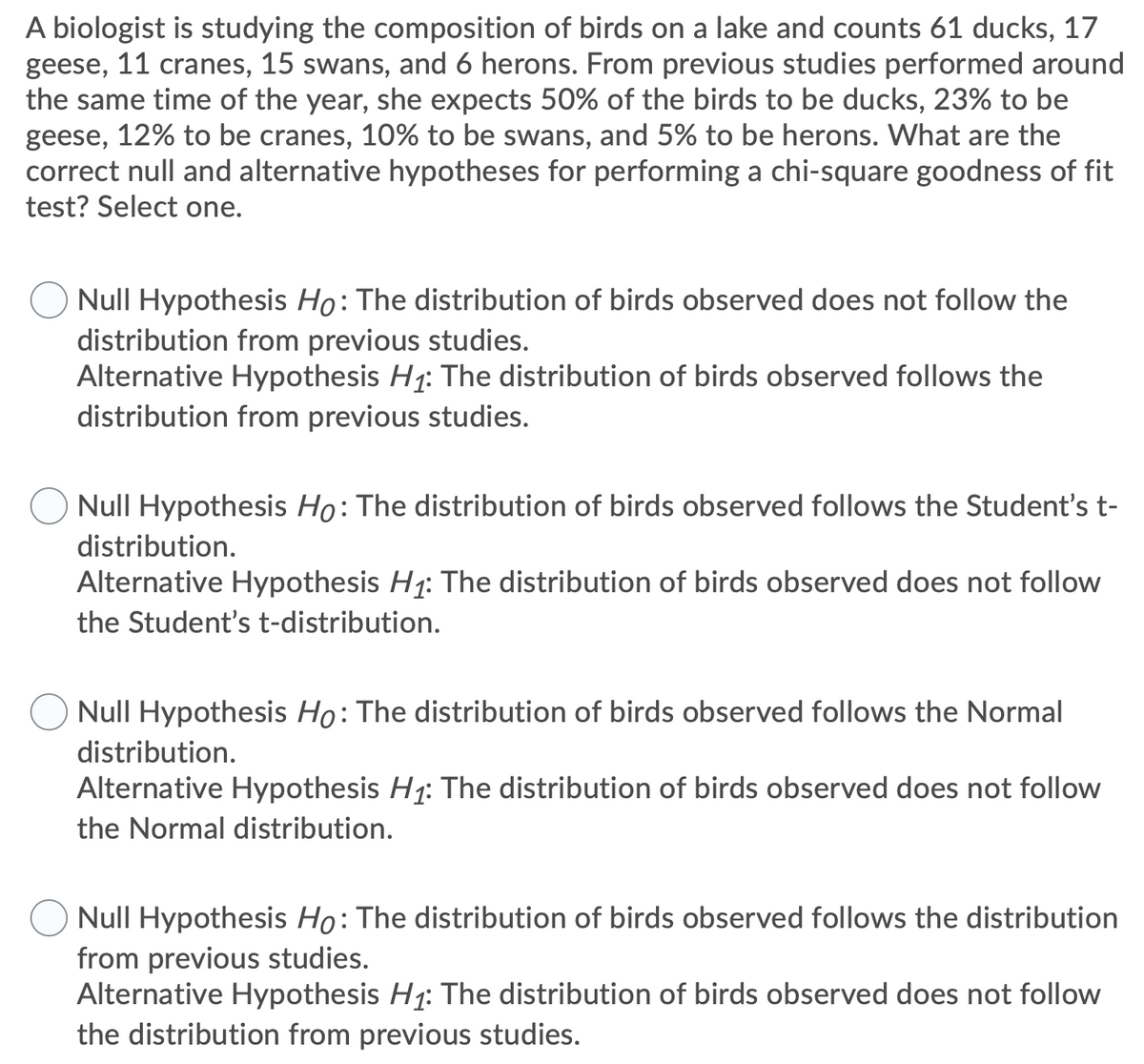 A biologist is studying the composition of birds on a lake and counts 61 ducks, 17
geese, 11 cranes, 15 swans, and 6 herons. From previous studies performed around
the same time of the year, she expects 50% of the birds to be ducks, 23% to be
geese, 12% to be cranes, 10% to be swans, and 5% to be herons. What are the
correct null and alternative hypotheses for performing a chi-square goodness of fit
test? Select one.
Null Hypothesis Ho: The distribution of birds observed does not follow the
distribution from previous studies.
Alternative Hypothesis H1: The distribution of birds observed follows the
distribution from previous studies.
Null Hypothesis Ho: The distribution of birds observed follows the Student's t-
distribution.
Alternative Hypothesis H1: The distribution of birds observed does not follow
the Student's t-distribution.
Null Hypothesis Ho: The distribution of birds observed follows the Normal
distribution.
Alternative Hypothesis H1: The distribution of birds observed does not follow
the Normal distribution.
Null Hypothesis Ho: The distribution of birds observed follows the distribution
from previous studies.
Alternative Hypothesis H1: The distribution of birds observed does not follow
the distribution from previous studies.
