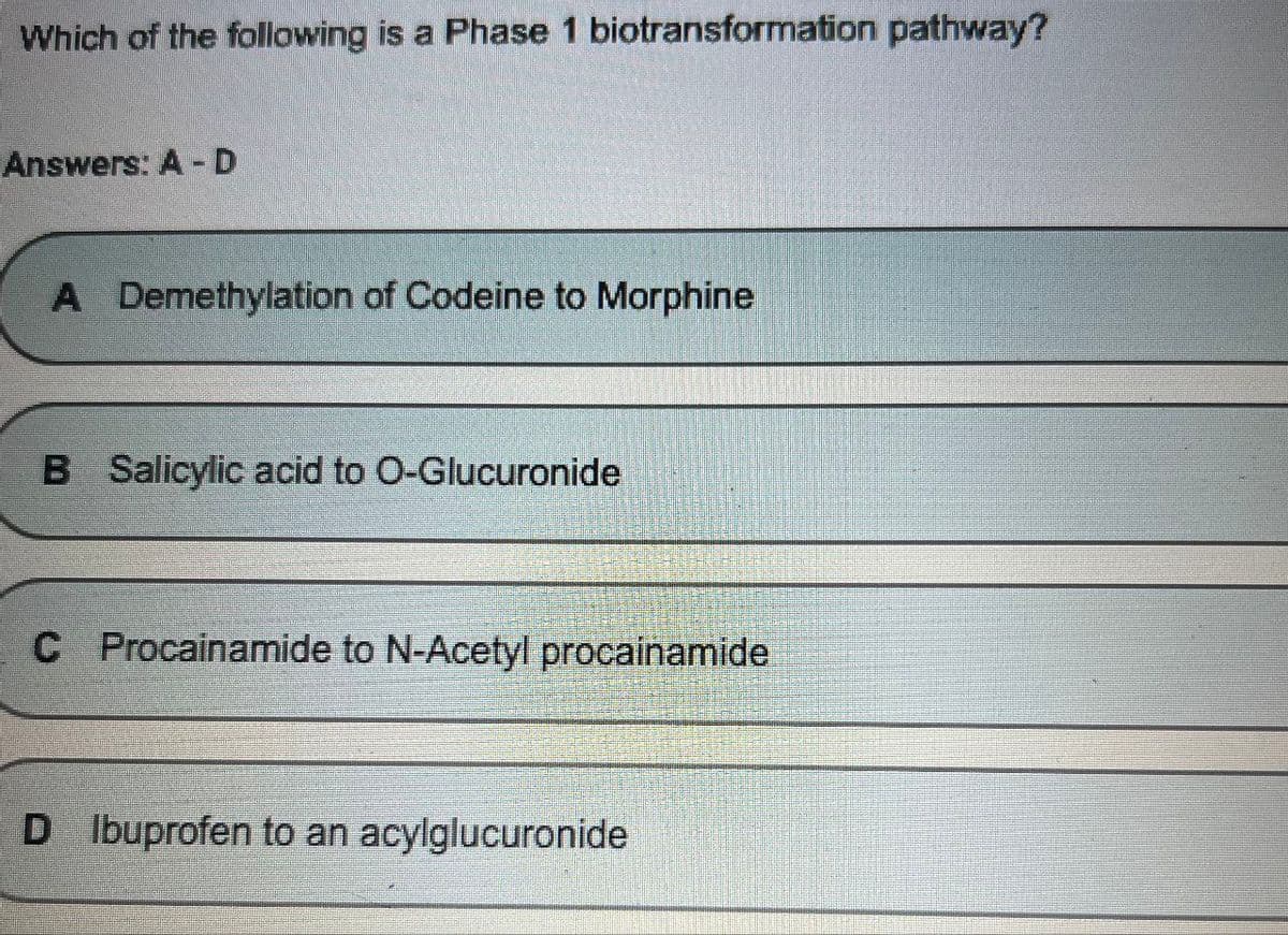 Which of the following is a Phase 1 biotransformation pathway?
Answers: A-D
A Demethylation of Codeine to Morphine
B Salicylic acid to O-Glucuronide
C Procainamide to N-Acetyl procainamide
D Ibuprofen to an acylglucuronide