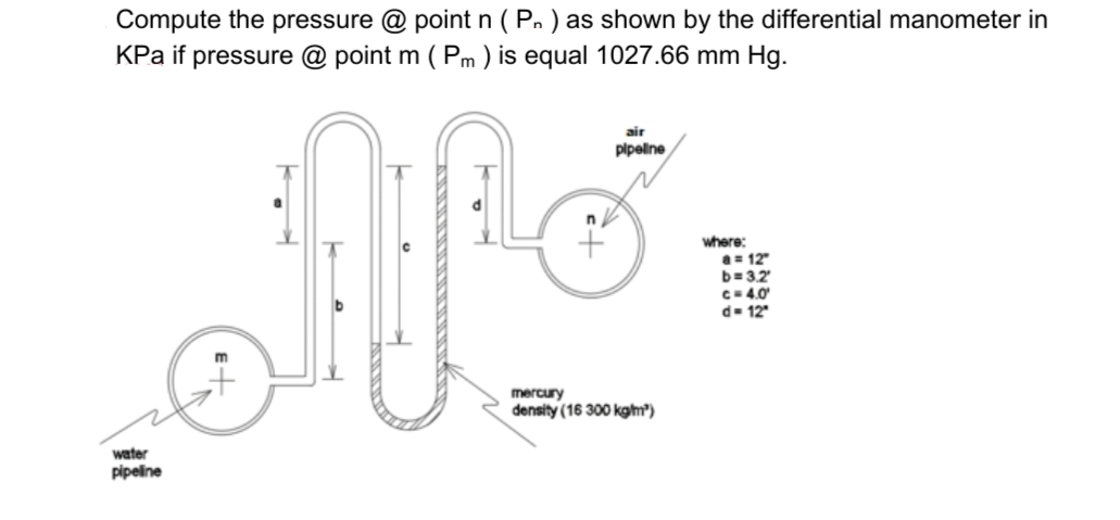 Compute the pressure @ point n ( Pn ) as shown by the differential manometer in
KPa if pressure @ point m ( Pm ) is equal 1027.66 mm Hg.
air
plpeline
where:
a= 12"
b=3,2
C-4.0
d- 12
m
mercury
density (16 300 kghm)
water
pipeline
