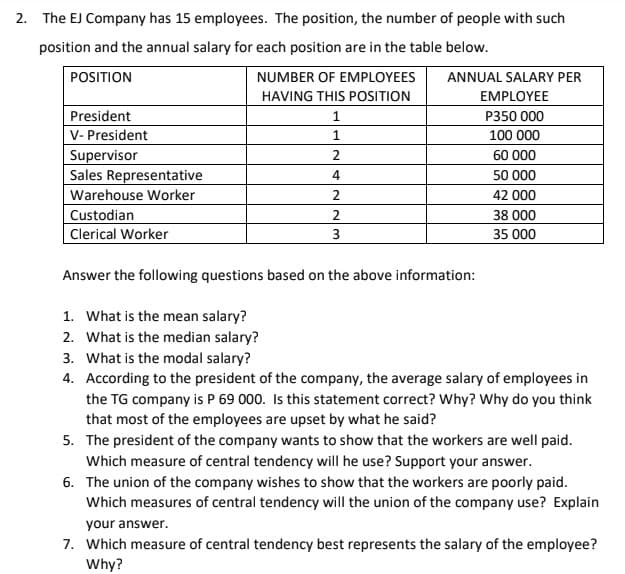 2. The EJ Company has 15 employees. The position, the number of people with such
position and the annual salary for each position are in the table below.
POSITION
NUMBER OF EMPLOYEES
ANNUAL SALARY PER
HAVING THIS POSITION
EMPLOYEE
President
P350 000
V- President
Supervisor
Sales Representative
100 000
2
60 000
4
50 000
Warehouse Worker
42 000
Custodian
Clerical Worker
38 000
3
35 000
Answer the following questions based on the above information:
1. What is the mean salary?
2. What is the median salary?
3. What is the modal salary?
4. According to the president of the company, the average salary of employees in
the TG company is P 69 000. Is this statement correct? Why? Why do you think
that most of the employees are upset by what he said?
5. The president of the company wants to show that the workers are well paid.
Which measure of central tendency will he use? Support your answer.
6. The union of the company wishes to show that the workers are poorly paid.
Which measures of central tendency will the union of the company use? Explain
your answer.
7. Which measure of central tendency best represents the salary of the employee?
Why?
