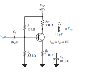 Vcc
+8 V
RC
330 0
C3
12 kN
out
10 uF
10 μF
Poc = Bac = 150
R2
3.3 kl
RE
100 N
C2
100μF
