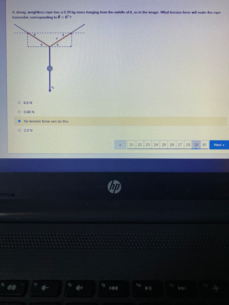 A strong, weightless rope has a 0.20 kg mass hanging frorn the middle of it, as in the image. What tension force will make the rope
horizontal, corresponding to 0=0°?
O 9,8 N
O 0.98 N
O No tension force can do this.
O 2.0 N
Next
21 22 23 24 25 26 27 28 29 30
hp
fo
