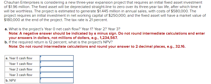 Chauhan Enterprises is considering a new three-year expansion project that requires an initial fixed asset investment
of $1.96 million. The fixed asset will be depreciated straight-line to zero over its three-year tax life, after which time it
will be worthless. The project is estimated to generate $1.445 million in annual sales, with costs of $580,000. The
project requires an initial investment in net working capital of $250,000, and the fixed asset will have a market value of
$180,000 at the end of the project. The tax rate is 21 percent.
a. What is the project's Year 0 net cash flow? Year 1? Year 2? Year 3?
Note: A negative answer should be indicated by a minus sign. Do not round intermediate calculations and enter
your answers in dollars, not millions of dollars, e.g., 1,234,567.
b. If the required return is 12 percent, what is the project's NPV?
Note: Do not round intermediate calculations and round your answer to 2 decimal places, e.g., 32.16.
a. Year 0 cash flow
Year 1 cash flow
Year 2 cash flow
Year 3 cash flow
b. NPV