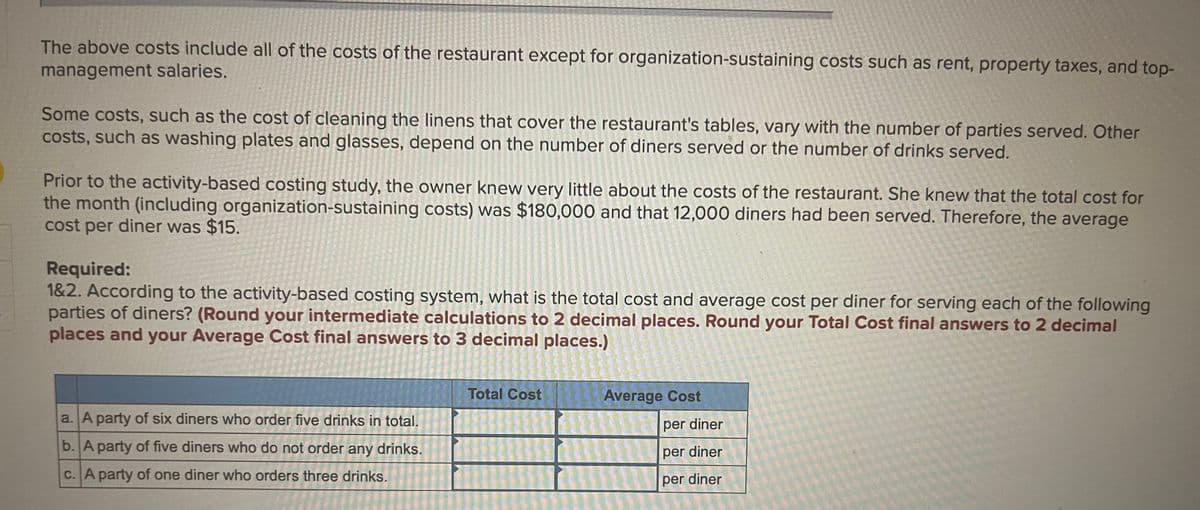 The above costs include all of the costs of the restaurant except for organization-sustaining costs such as rent, property taxes, and top-
management salaries.
Some costs, such as the cost of cleaning the linens that cover the restaurant's tables, vary with the number of parties served. Other
costs, such as washing plates and glasses, depend on the number of diners served or the number of drinks served.
Prior to the activity-based costing study, the owner knew very little about the costs of the restaurant. She knew that the total cost for
the month (including organization-sustaining costs) was $180,000 and that 12,000 diners had been served. Therefore, the average
cost per diner was $15.
Required:
1&2. According to the activity-based costing system, what is the total cost and average cost per diner for serving each of the following
parties of diners? (Round your intermediate calculations to 2 decimal places. Round your Total Cost final answers to 2 decimal
places and your Average Cost final answers to 3 decimal places.)
Total Cost
Average Cost
a. A party of six diners who order five drinks in total.
per diner
b. A party of five diners who do not order any drinks.
per diner
c. A party of one diner who orders three drinks.
per diner
