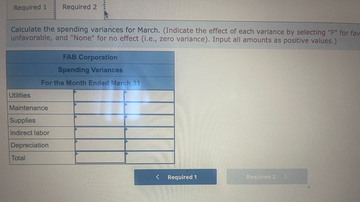 Required 1
Required 2
Calculate the spending variances for March. (Indicate the effect of each variance by selecting "F" for fav
unfavorable, and "None" for no effect (i.e., zero variance). Input all amounts as positive values.)
FAB Corporation
Spending Variances
For the Month Ended March 31
Utilities
Maintenance
Supplies
Indirect labor
Depreciation
Total
Required 1
Required 2
