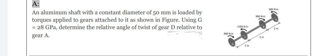 A:
An aluminum shaft with a constant diameter of 50 mm is loaded by
torques applied to gears attached to it as shown in Figure. Using G
= 28 GPa, determine the relative angle of twist of gear D relative to
gear A.
800 Nm
2m
