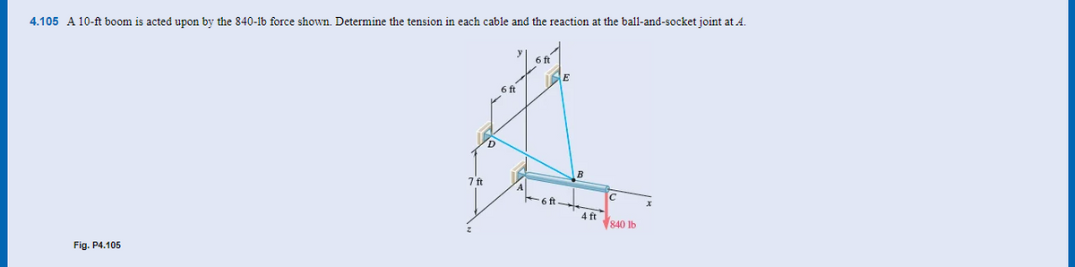 4.105 A 10-ft boom is acted upon by the 840-1b force shown. Determine the tension in each cable and the reaction at the ball-and-socket joint at A.
Fig. P4.105
6 ft
THE
6 ft
d
D
B
7 ft
C
6 ft
4 ft
840 lb