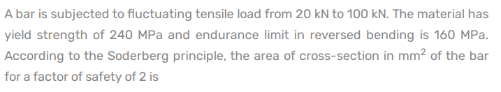 A bar is subjected to fluctuating tensile load from 20 kN to 100 kN. The material has
yield strength of 240 MPa and endurance limit in reversed bending is 160 MPa.
According to the Soderberg principle, the area of cross-section in mm2 of the bar
for a factor of safety of 2 is
