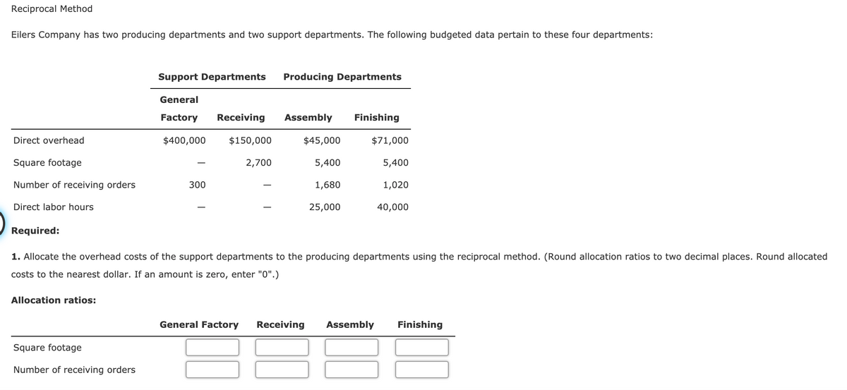 Reciprocal Method
Eilers Company has two producing departments and two support departments. The following budgeted data pertain to these four departments:
Support Departments
Producing Departments
General
Factory
Receiving
Assembly
Finishing
Direct overhead
$400,000
$150,000
$45,000
$71,000
Square footage
2,700
5,400
5,400
Number of receiving orders
300
1,680
1,020
Direct labor hours
25,000
40,000
Required:
1. Allocate the overhead costs of the support departments to the producing departments using the reciprocal method. (Round allocation ratios to two decimal places. Round allocated
costs to the nearest dollar. If an amount is zero, enter "0".)
Allocation ratios:
General Factory
Receiving
Assembly
Finishing
Square footage
Number of receiving orders
