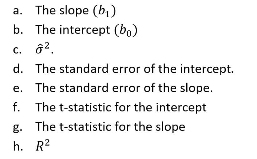 a. The slope (b¡)
b. The intercept (bo)
C.
d.
The standard error of the intercept.
е.
The standard error of the slope.
f.
The t-statistic for the intercept
g.
The t-statistic for the slope
h. R2
