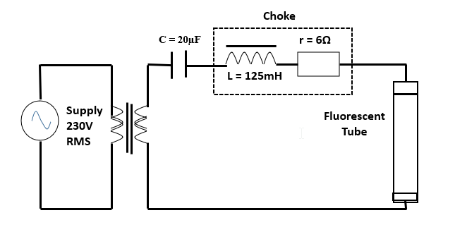 Choke
C = 20µF
r= 60
L= 125mH
Supply
Fluorescent
230V
Tube
RMS
