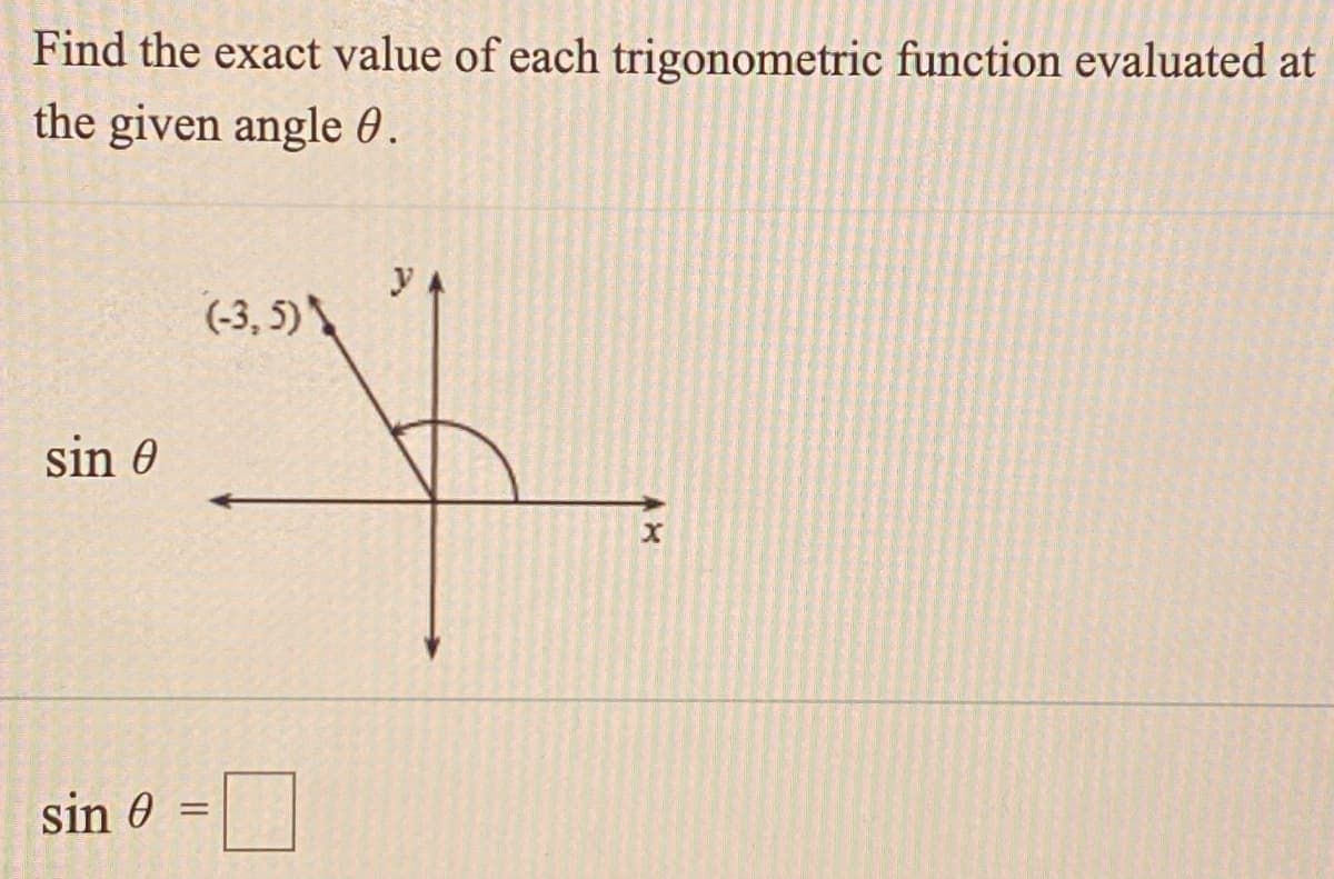 Find the exact value of each trigonometric function evaluated at
the given angle 0.
(-3, 5)
sin 0
sin 0 =
