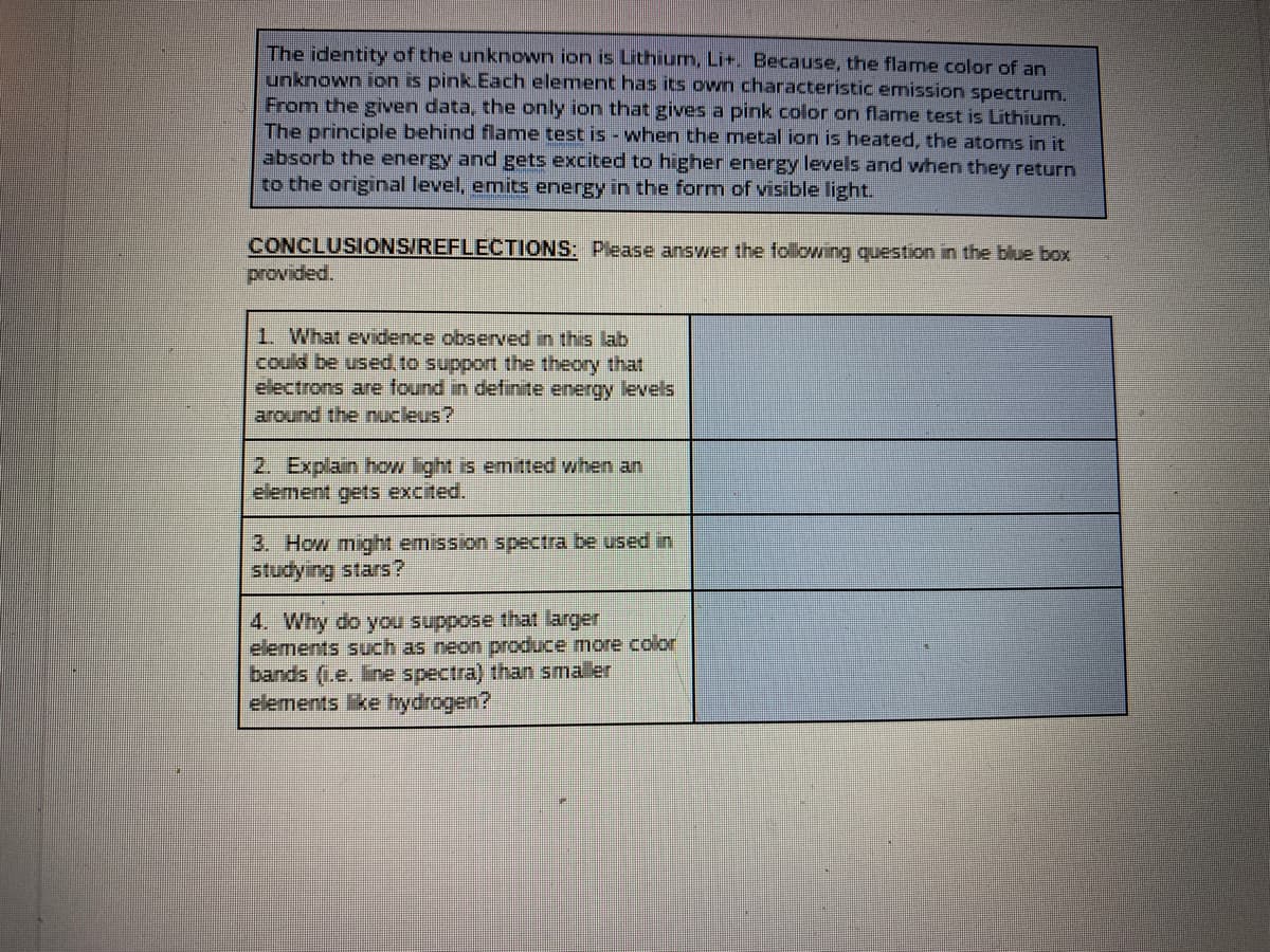 The identity of the unknown ion is Lithium, Li+. Because, the flarme color of an
runknown ion is pink Each element has its own characteristic emission spectrum.
From the given data, the only ion that gives a pink color on flame test is Lithium.
The principle behind flame test is - when the metal ion is heated, the atoms in it
absorb the energy and gets excited to higher energy levels and when they return
to the original level, emits energy in the form of visible light.
CONCLUSIONS/REFLECTIONS: Please answer the following question in the blue box
provided.
1. What evidence observed in this lab
could be used. to support the theory that
electrons are found in definite energy levels
around the nucleus?
2. Explain how ight is emitted when an
element gets excited.
3. How might emission spectra be used in
studying stars?
4. Why do you suppose that larger
elements such as neon produce more color
bands (L.e. Iine spectra) than smaller
elements ke hrydrogen?
