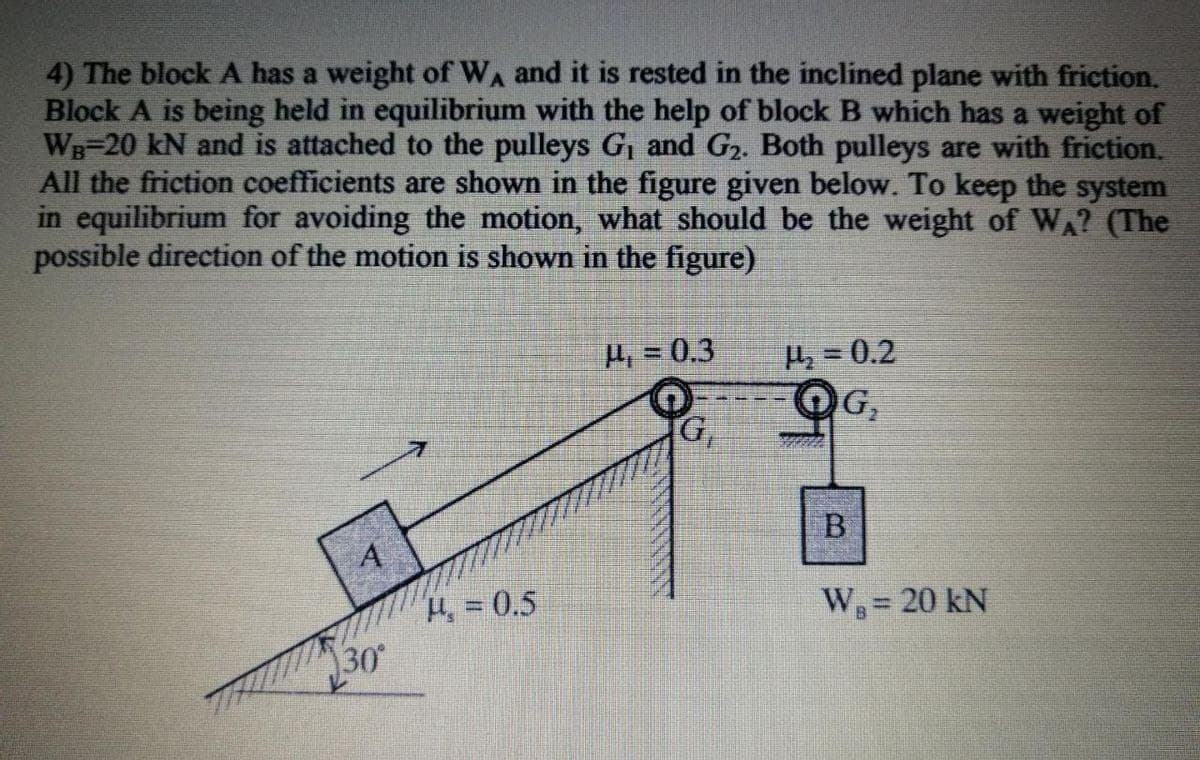 4) The block A has a weight of WA and it is rested in the inclined plane with friction.
Block A is being held in equilibrium with the help of block B which has a weight of
WB-20 kN and is attached to the pulleys G, and G2. Both pulleys are with friction,
All the friction coefficients are shown in the figure given below. To keep the system
in equilibrium for avoiding the motion, what should be the weight of WA? (The
possible direction of the motion is shown in the figure)
H, = 0.3
4,= 0.2
G,
G,
B.
A
H= 0.5
30
W, = 20 kN
