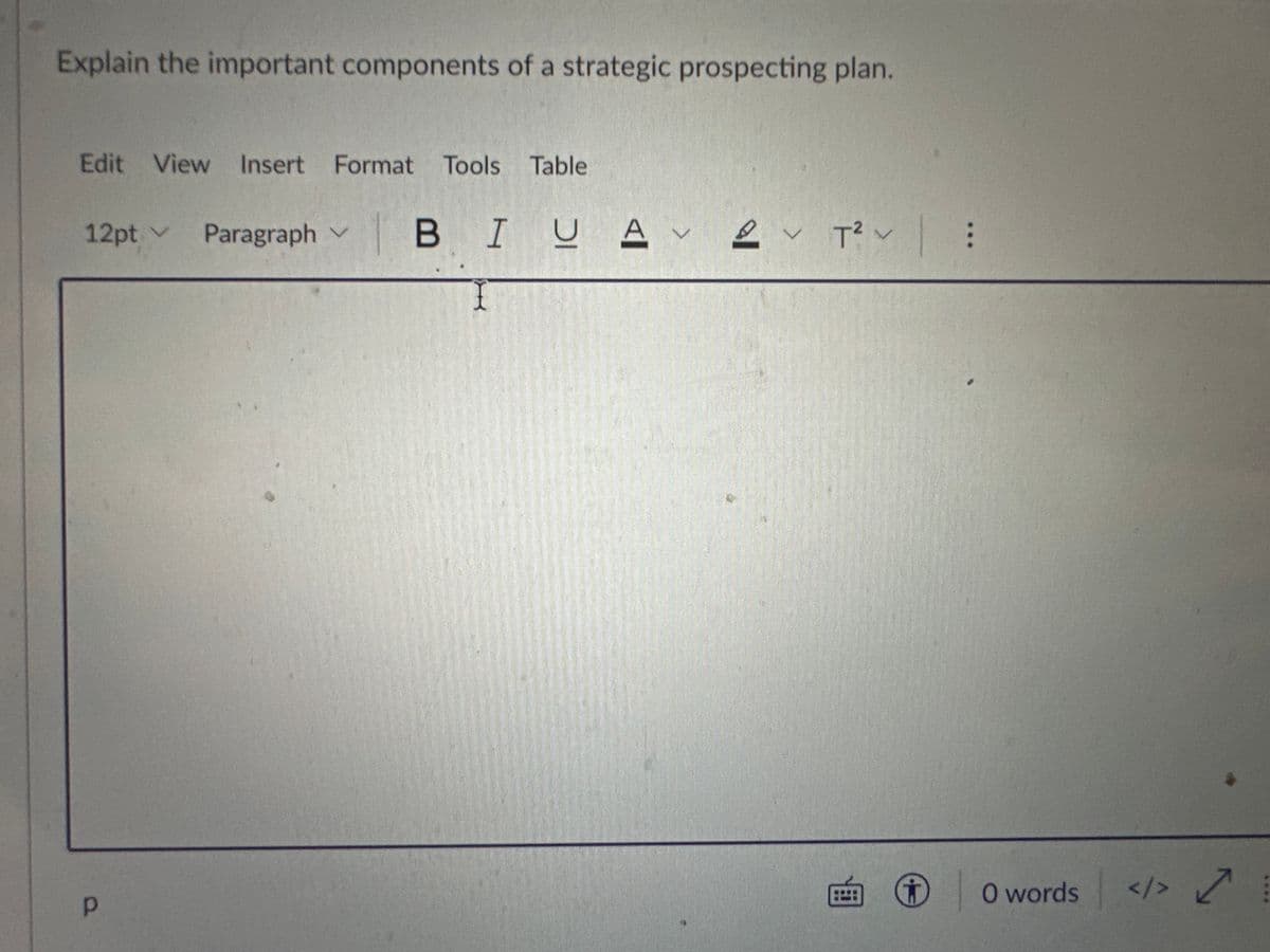 Explain the important components of a strategic prospecting plan.
Edit View Insert Format Tools Table
12pt Paragraph
Р
V
A 2 T² :
| B IU Αν 2
V
á
O words
</>