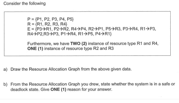 Consider the following
P = {P1, P2, P3, P4, P5}
R = {R1, R2, R3, R4}
E = {P3 R1, P2R2, R4P4, R2→P1, P5-R3, P3R4, R1→P3,
R4→P2, R3→P3, P1 R4, R1P5, P4>R1}
Furthermore, we have TWO (2) instance of resource type R1 and R4,
ONE (1) instance of resource type R2 and R3
a) Draw the Resource Allocation Graph from the above given data.
b) From the Resource Allocation Graph you drew, state whether the system is in a safe or
deadlock state. Give ONE (1) reason for your answer.