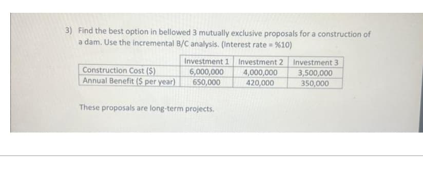 3) Find the best option in bellowed 3 mutually exclusive proposals for a construction of
a dam. Use the incremental B/C analysis. (Interest rate= %10)
Construction Cost ($)
Annual Benefit ($ per year)
Investment 1 Investment 2 Investment 3
6,000,000
4,000,000
3,500,000
650,000
420,000
350,000
These proposals are long-term projects.